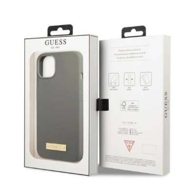 Originalus dėklas Guess GUHMP13MSPLG iPhone 13 6.1 Pilkas hard case Silicone Logo Plate MagSafe 7