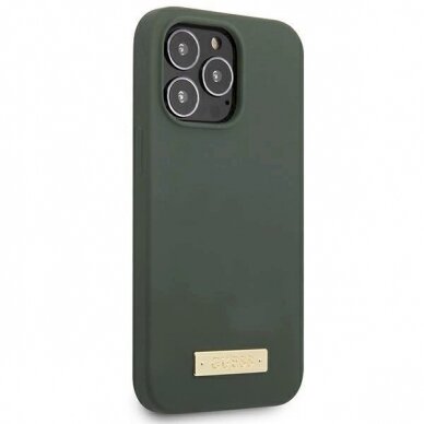 Originalus dėklas Guess GUHMP13XSPLA iPhone 13 Pro Max 6.7  žalias/khaki hard case Silicone Logo Plate MagSafe 3