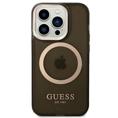 Originalus dėklas Guess GUHMP14LHTCMK iPhone 14 Pro 6.1  Juodas hard case Gold Outline Translucent MagSafe 2