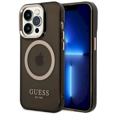 Originalus dėklas Guess GUHMP14LHTCMK iPhone 14 Pro 6.1  Juodas hard case Gold Outline Translucent MagSafe