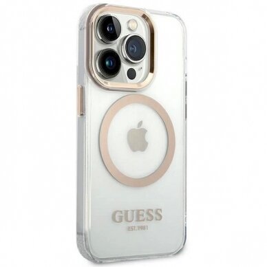 Originalus dėklas Guess GUHMP14LHTRMD iPhone 14 Pro 6.1 Auksinis hard case Metal Outline Magsafe 3