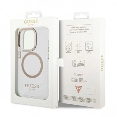 Originalus dėklas Guess GUHMP14LHTRMD iPhone 14 Pro 6.1 Auksinis hard case Metal Outline Magsafe 7