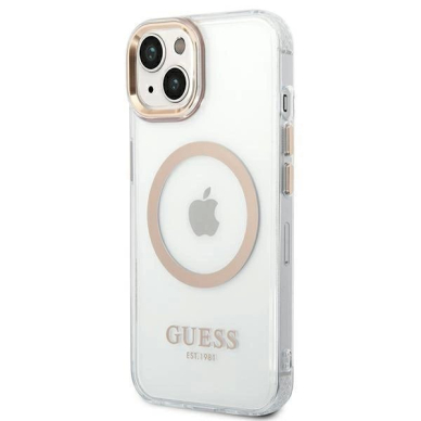 Originalus dėklas Guess GUHMP14MHTRMD iPhone 14 Plus 6.7 auksinis hard case Metal Outline Magsafe 1