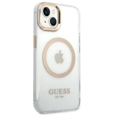 Originalus dėklas Guess GUHMP14MHTRMD iPhone 14 Plus 6.7 auksinis hard case Metal Outline Magsafe 3