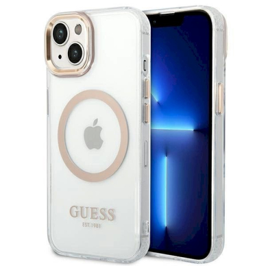 Originalus dėklas Guess GUHMP14MHTRMD iPhone 14 Plus 6.7 auksinis hard case Metal Outline Magsafe