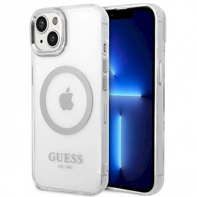 Originalus dėklas Guess GUHMP14SHTRMS iPhone 14 6.1  sidabrinis hard case Metal Outline Magsafe