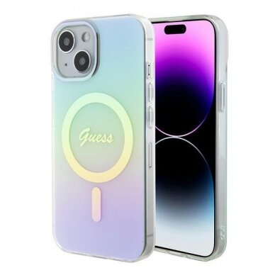 Originalus dėklas Guess GUHMP15SHITSQ iPhone 15 6.1  turquoise/turquoise hardcase IML Iridescent MagSafe