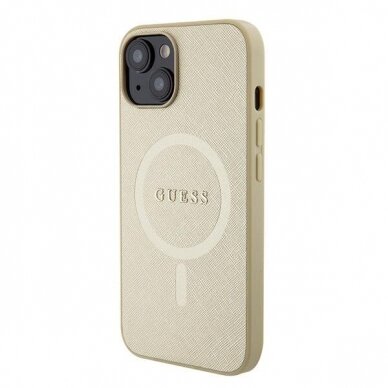 Originalus dėklas Guess GUHMP15SPSAHMCB iPhone 15 6.1  gold/gold hardcase Saffiano MagSafe 1