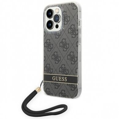 Originalus dėklas Guess GUOHCP14LH4STK iPhone 14 Pro 6.1 Juodas hardcase 4G Print Strap