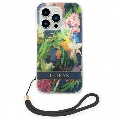 Originalus dėklas Guess GUOHCP14LHFLSB iPhone 14 Pro 6.1 Mėlynas / Mėlynas hardcase Flower Strap 1