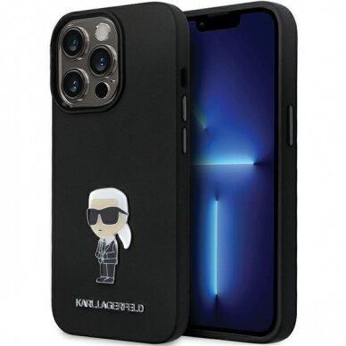 Originalus dėklas Karl Lagerfeld KLHCP13LSMHKNPK case skirta iPhone 13 Pro / 13 - Juodas Silicone Ikonik Metal Pin