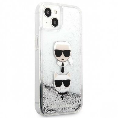 Originalus dėklas Karl Lagerfeld KLHCP13SKICGLS iPhone 13 mini 5,4 Sidabrinis Liquid Glitter Karl &amp; Choupette Head 3