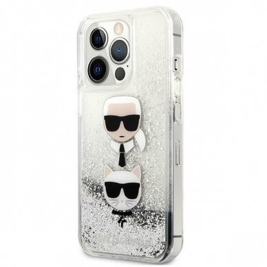 Originalus dėklas Karl Lagerfeld KLHCP13XKICGLS iPhone 13 Pro Max 6.7 Sidabrinis Liquid Glitter Karl &amp; Choupette Head 1