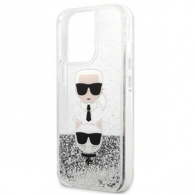 Originalus dėklas Karl Lagerfeld KLHCP13XKICGLS iPhone 13 Pro Max 6.7 Sidabrinis Liquid Glitter Karl &amp; Choupette Head 5