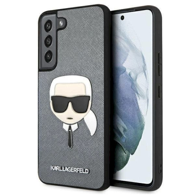 Originalus dėklas Karl Lagerfeld KLHCS22MSAKHSL S906 S22+ Pilkas hardcase Saffiano Ikonik Karl`s Head