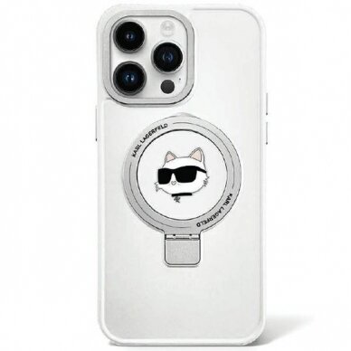 Originalus dėklas Karl Lagerfeld KLHMP15LHMRSCHH iPhone 15 Pro 6.1  Baltas/Baltas hardcase Ring Stand Choupette Head MagSafe