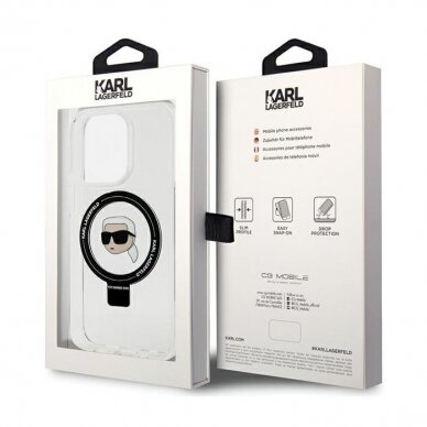 Originalus dėklas Karl Lagerfeld KLHMP15XHMRSKHH iPhone 15 Pro Max 6.7  Baltas/Baltas hardcase Ring Stand Karl Head MagSafe 2