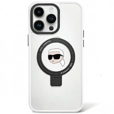 Originalus dėklas Karl Lagerfeld KLHMP15XHMRSKHH iPhone 15 Pro Max 6.7  Baltas/Baltas hardcase Ring Stand Karl Head MagSafe