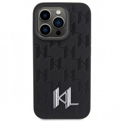 Originalus dėklas Karl Lagerfeld Leather Monogram Hot Stamp Metal Logo case skirta iPhone 15 Pro Max - Juodas 2