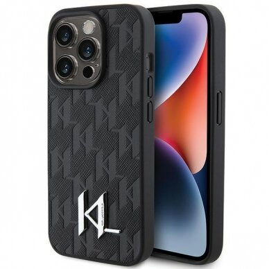 Originalus dėklas Karl Lagerfeld Leather Monogram Hot Stamp Metal Logo case skirta iPhone 15 Pro Max - Juodas