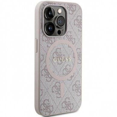 Originalus Guess dėklas 4G Collection Leather Metal Logo MagSafeiPhone 13 Pro Max - Rožinis 3