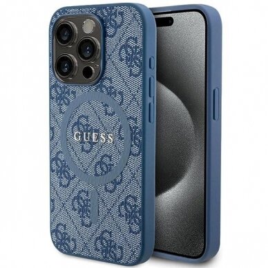 Originalus Guess dėklas 4G Collection Leather Metal Logo MagSafeiPhone 14 Pro Max - Mėlynas