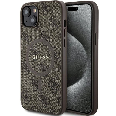 Originalus Guess dėklas 4G Collection Leather Metal Logo MagSafeiPhone 15 Plus / 14 Plus - Rudas