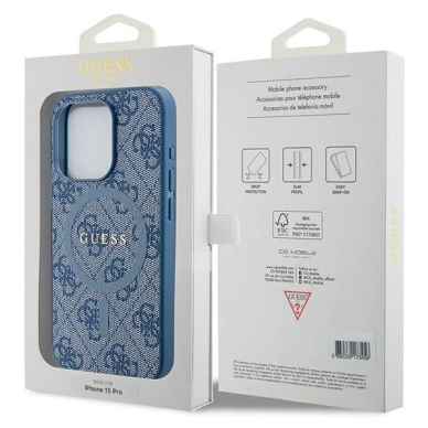 Originalus Guess dėklas 4G Collection Leather Metal Logo MagSafeiPhone 15 Pro - Mėlynas 7