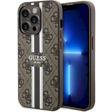 Originalus Guess dėklas 4G Printed Stripes MagSafeiPhone 15 Pro - Rudas