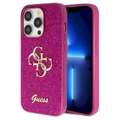 Originalus Guess dėklas Glitter Script Big 4G case for iPhone 15 Pro - Violetinis