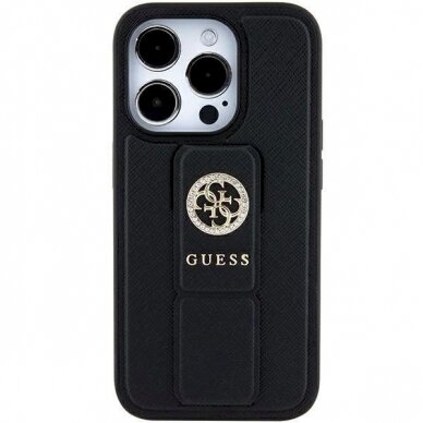 Originalus Guess dėklas Grip Stand 4G Saffiano Strass case for iPhone 15 - Juodas