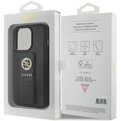 Originalus Guess dėklas Grip Stand 4G Saffiano Strass case for iPhone 15 Pro Max - Juodas 6