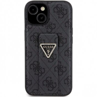 Originalus Guess dėklas Grip Stand 4G Triangle Strass case for iPhone 15 - Juodas 2