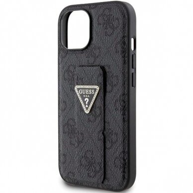 Originalus Guess dėklas Grip Stand 4G Triangle Strass case for iPhone 15 - Juodas 5