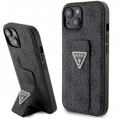 Originalus Guess dėklas Grip Stand 4G Triangle Strass case for iPhone 15 - Juodas