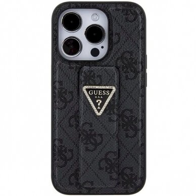 Originalus Guess dėklas Grip Stand 4G Triangle Strass case for iPhone 15 Pro Max - Juodas 3