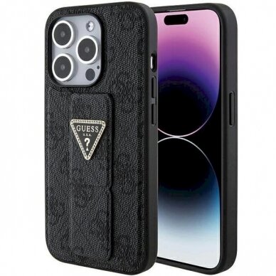 Originalus Guess dėklas Grip Stand 4G Triangle Strass case for iPhone 15 Pro Max - Juodas