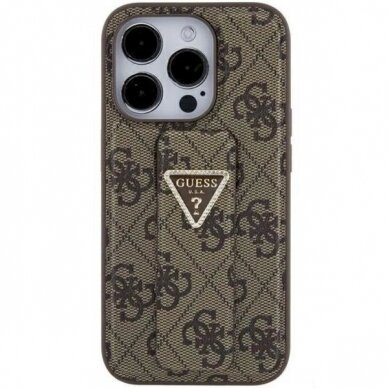 Originalus Guess dėklas Grip Stand 4G Triangle Strass case for iPhone 15 - Rudas