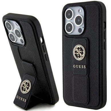 Originalus Guess dėklas Grip Stand 4G Triangle StrassiPhone 15 Pro - Juodas