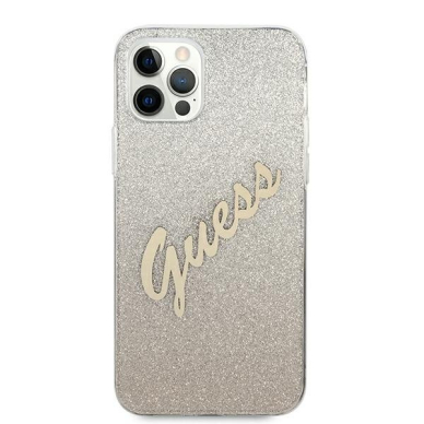 Originalus Guess dėklas GUHCP12MPCUGLSGO iPhone 12/12 Pro auksinis Glitter Gradient Script 2