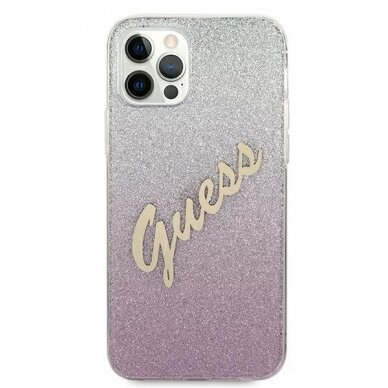 Originalus Guess dėklas GUHCP12MPCUGLSPI iPhone 12/12 Pro rožinis Glitter Gradient Script 2