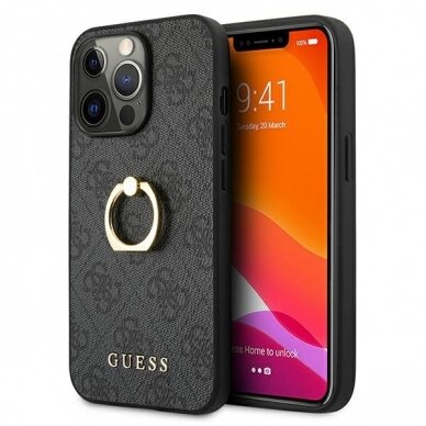 Originalus Guess dėklas GUHCP13L4GMRGR iPhone 13 Pro / 13 6,1" Pilkas 4G su žiedu/laikikliu