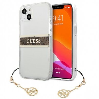 Originalus Guess dėklas GUHCP13SKB4GBR iPhone 13 mini 5,4" Permatomas 4G Brown Strap Charm