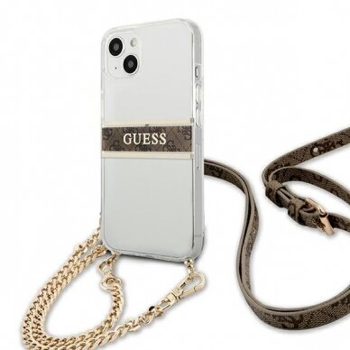 Originalus Guess dėklas GUHCP13SKC4GBGO iPhone 13 mini 5,4 Permatomas 4G Brown Strap Gold Chain 1