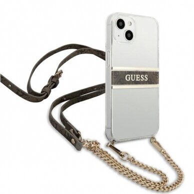 Originalus Guess dėklas GUHCP13SKC4GBGO iPhone 13 mini 5,4 Permatomas 4G Brown Strap Gold Chain 3