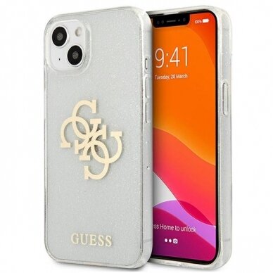 Originalus Guess dėklas GUHCP13SPCUGL4GTR iPhone 13 mini 5,4 Permatomas Glitter 4G Big Logo