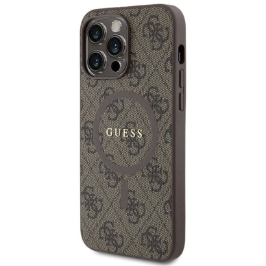 Originalus Guess dėklas GUHMP15LG4GFRW iPhone 15 Pro 6.1" Rudas/Rudas hardcase 4G Collection Leather Metal Logo MagSafe 1