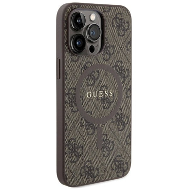 Originalus Guess dėklas GUHMP15XG4GFRW iPhone 15 Pro Max 6.7" Rudas/Rudas hardcase 4G Collection Leather Metal Logo MagSafe 3