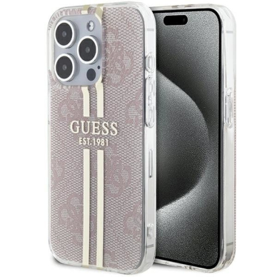 Originalus Guess dėklas IML 4G Auksinis StripeiPhone 15 Pro - Rožinis