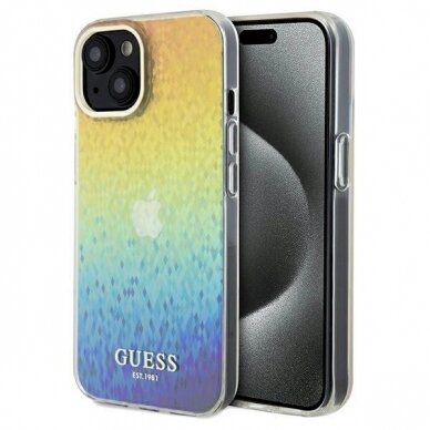 Originalus Guess dėklas IML Faceted Mirror Disco IridescentiPhone 14 / 15 / 13 - Įvariaspalvis